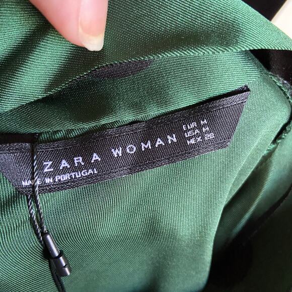 Zara Womens Blouse Size Medium Silky Polka‎ Dot Bow Necktie Green Black NEW - Picture 8 of 9